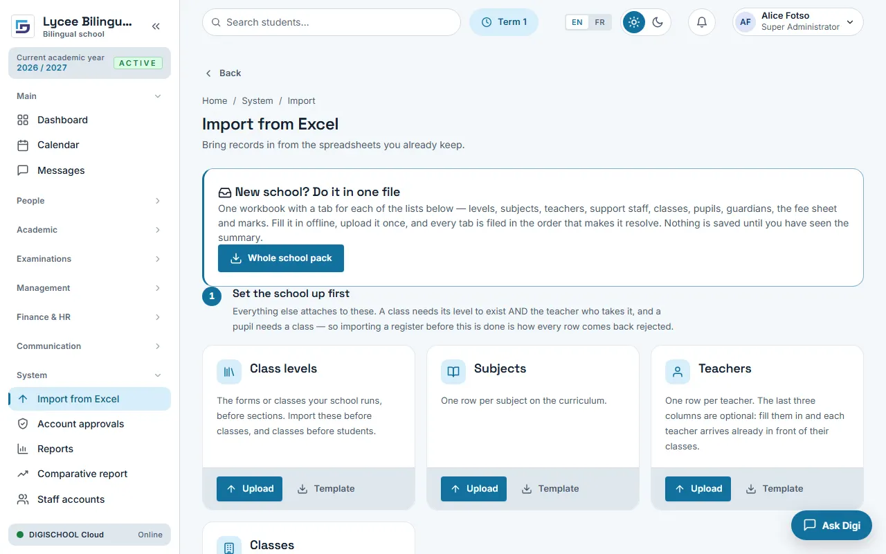The Import from Excel screen: one workbook for the whole school, then each list in turn