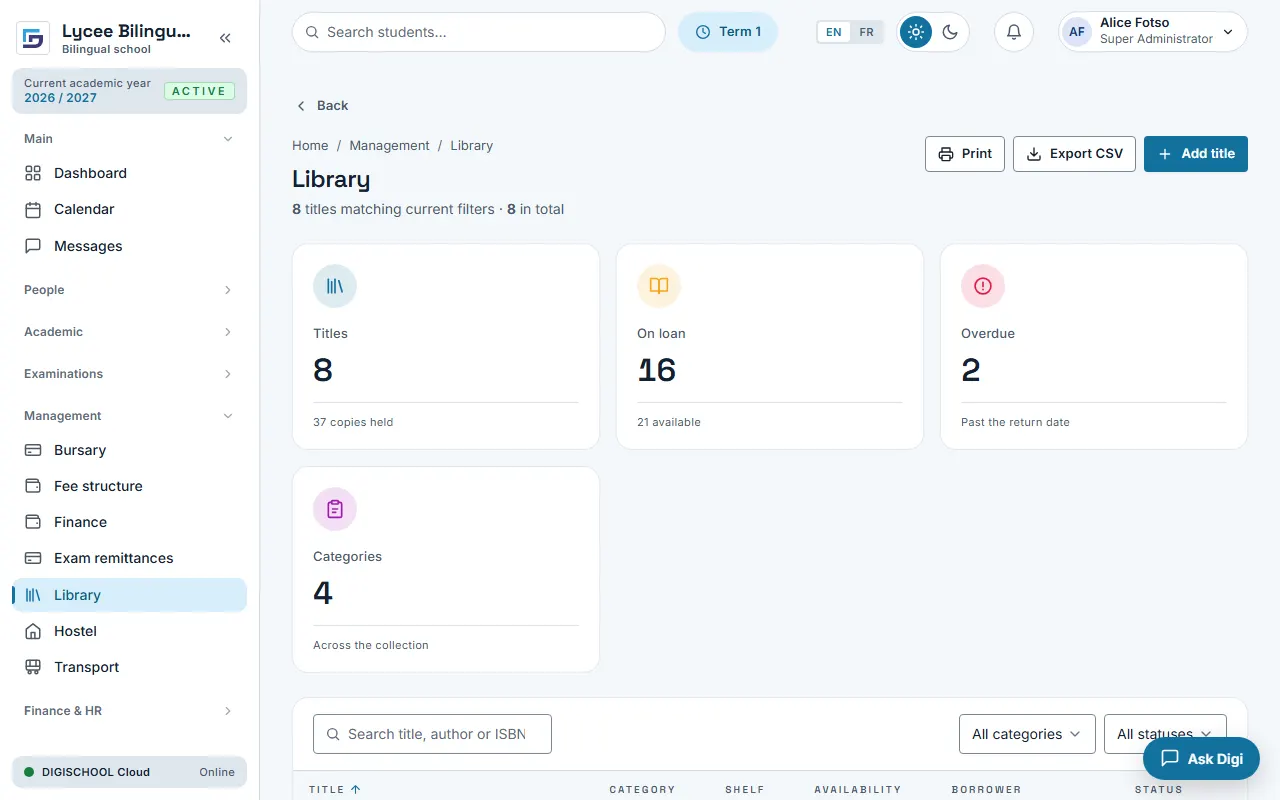 The Library screen: titles, loans, overdue books and categories