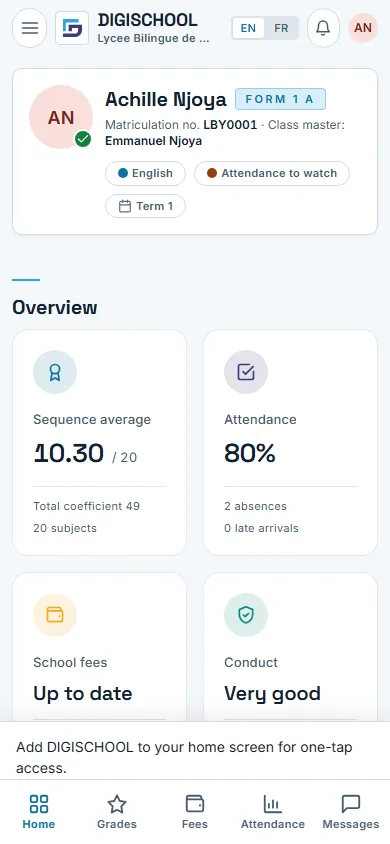 A parent’s portal on a phone: their child’s sequence average, attendance, fees and conduct