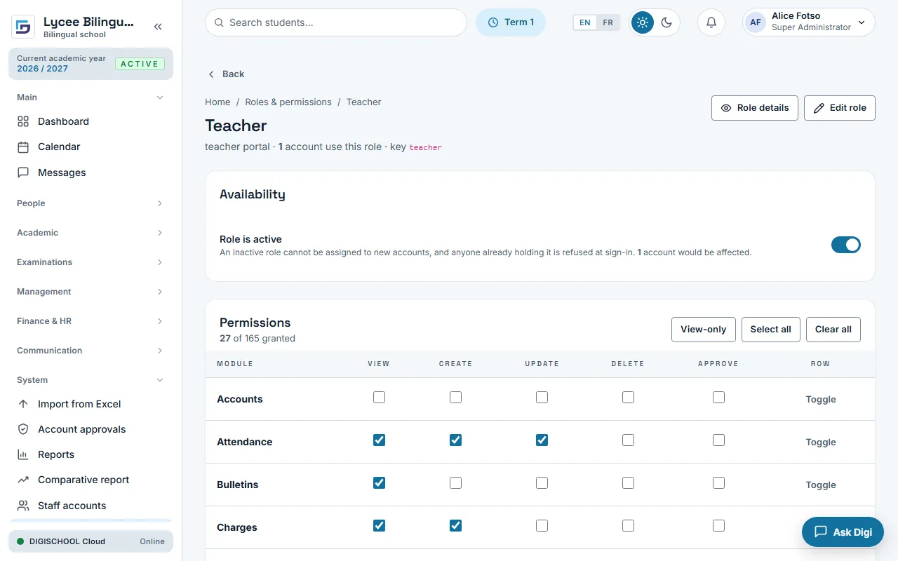 The Roles & permissions screen: the Teacher role, with view, create, update, delete and approve ticked per module