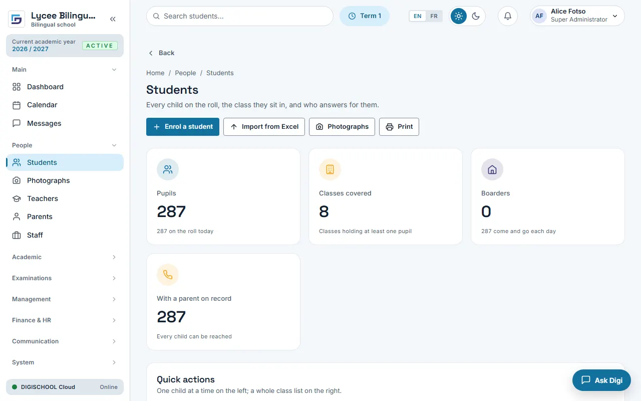 The Students screen: the roll, boarders, guardians on record and quick actions