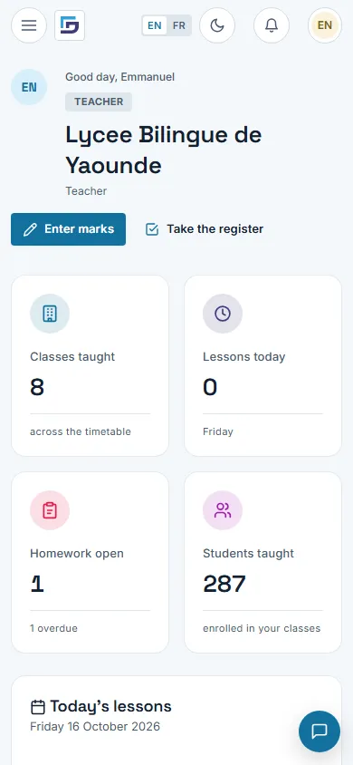 A teacher’s home screen on a phone: classes taught, lessons today and the shortcut to enter marks