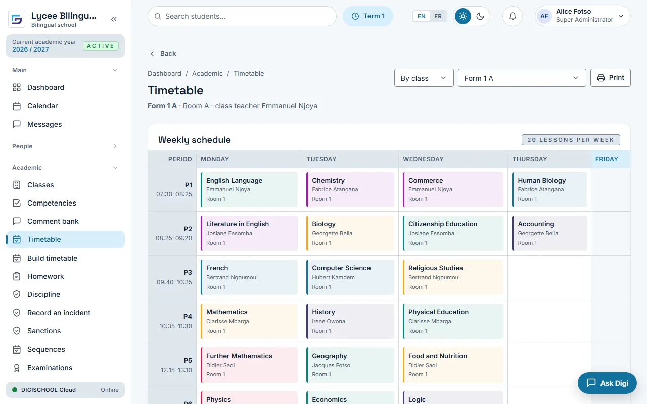 The Timetable screen: a class’s week by period, with subject, teacher and room